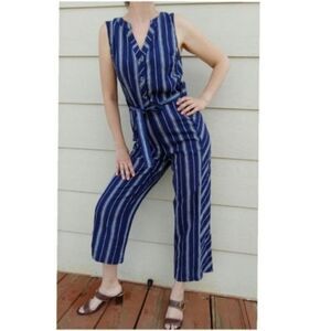 Laundry by Shelli Segal Striped Linen Viscose Sleeveless Jumpsuit Navy Size 8